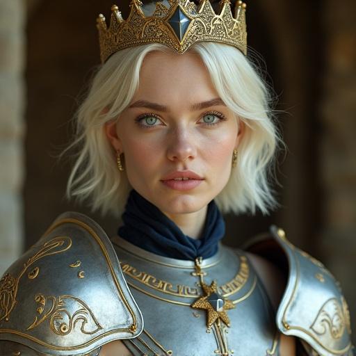 A fair-skinned woman in her twenties with short platinum blonde hair and striking blue eyes poses in fantasy armor. The armor is silver with gold detailing, layered over a dark blue garment. She wears a crown with intricate designs. The background is softly blurred with warm hues.