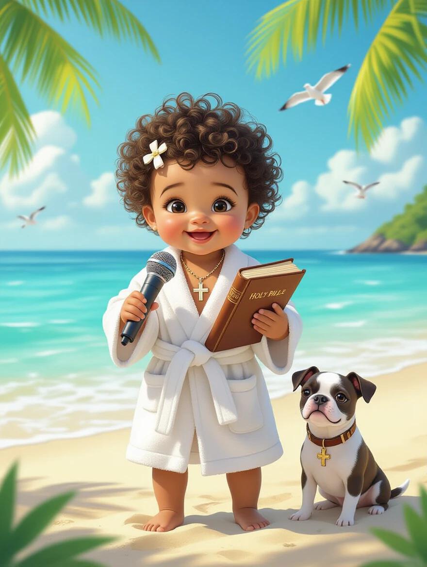 Baby with curly hair and hair clip. Dressed in white robe and cross necklace. Holding microphone and Holy Bible. Tropical beach scene with ocean background. Small dog beside baby. Bright and joyful atmosphere with palm trees and seagulls.