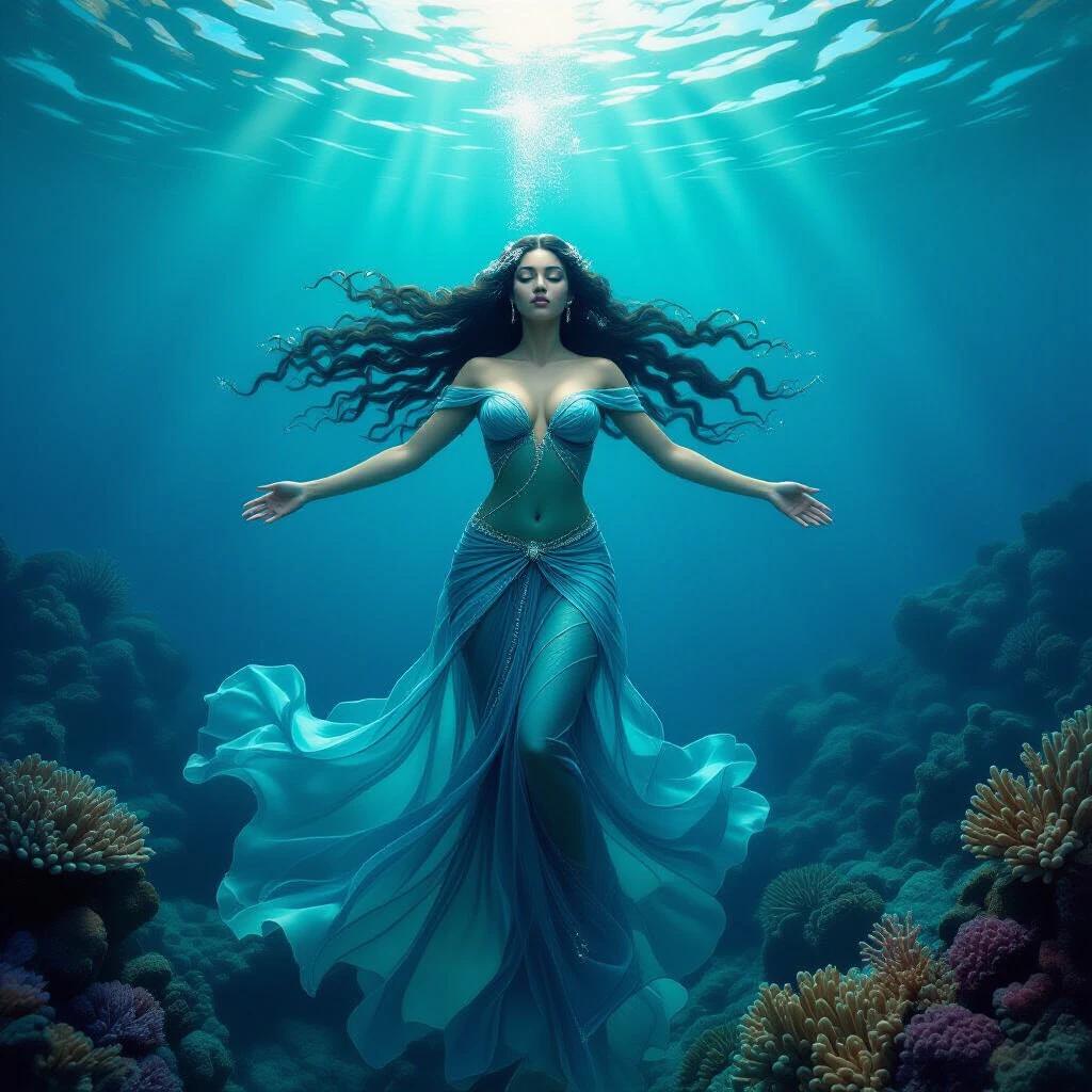 Thalassa embodies the sea while peacefully floating at the ocean's bottom. Her arms are outstretched and fingers open. She poses in a serene position echoing the ocean's stillness. Long dark hair ripples like kelp. She wears a translucent gown deep in ocean blues adorned with pearls. Her expression radiates calm beside drifting jellyfish. The background shows ancient ruins and vibrant coral with sunlight beams.