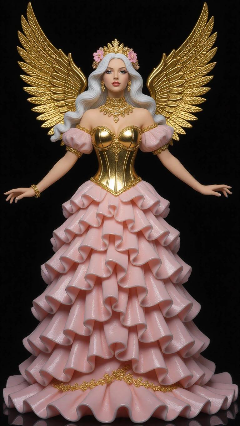 Resin figurine of a goddess featuring a woman with long golden-white hair. She wears a luxurious princess-style powder pink gown with layers and ruffles. The gown has gold details and includes a gold metallic corset. Ornate golden wings add majesty. Arms held back as if facing the wind. Flower crown worn, expression ethereal yet powerful.