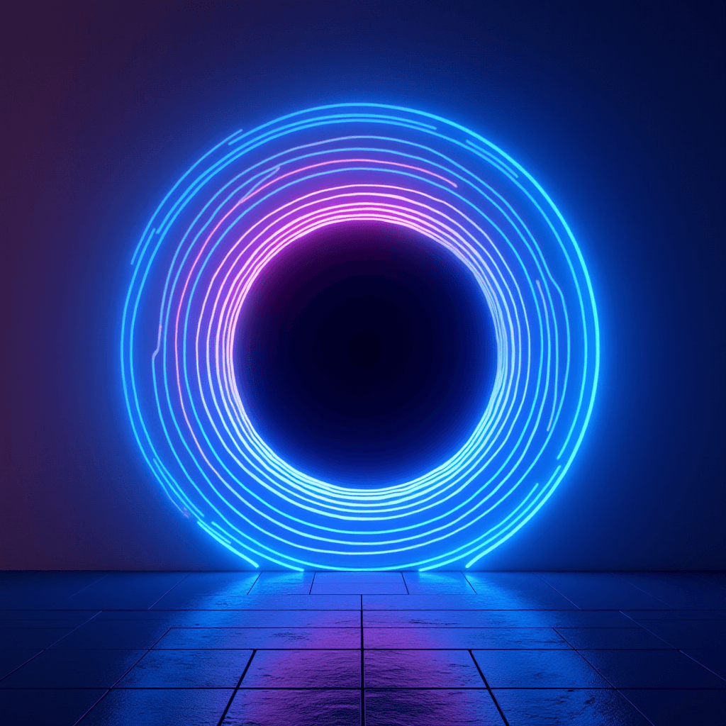 A glowing circle made of blue and pink neon lights stands in a dark room.