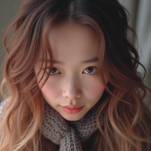 A close-up portrait of a young woman with soft natural light. Warm hair tones frame her face. Subtle blush enhances her youthful appearance. She gazes directly at the viewer with an inviting expression. The background is blurred to emphasize the subject's beauty. Focus on delicate details and overall aesthetic appeal.