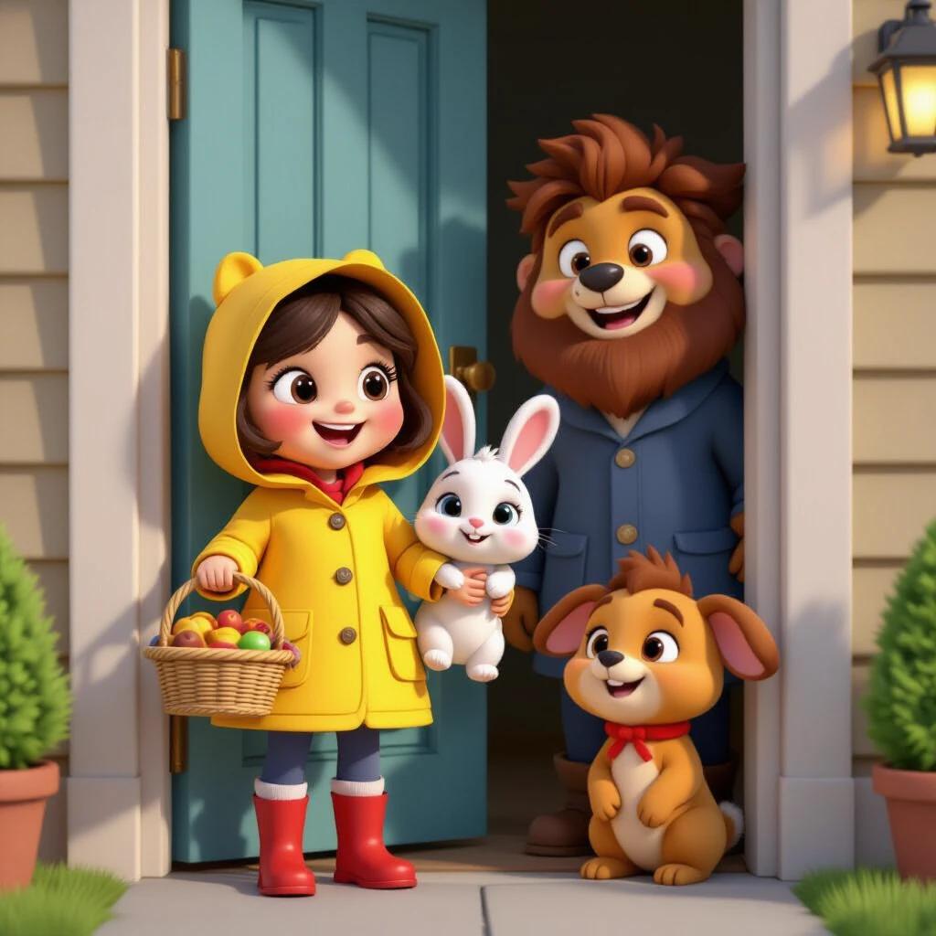 3D animated scene shows family outside their door. Luna in yellow raincoat with red boots holds basket. Leo behind her wears blue coat and green boots holding an umbrella. Nibbs the rabbit peeks from Luna’s hood. Inside the door stands Button the Bear surprised holding a basket. Cozy interior contrasts rainy outdoor. Soft raindrops fall. Warm light spills from living room.