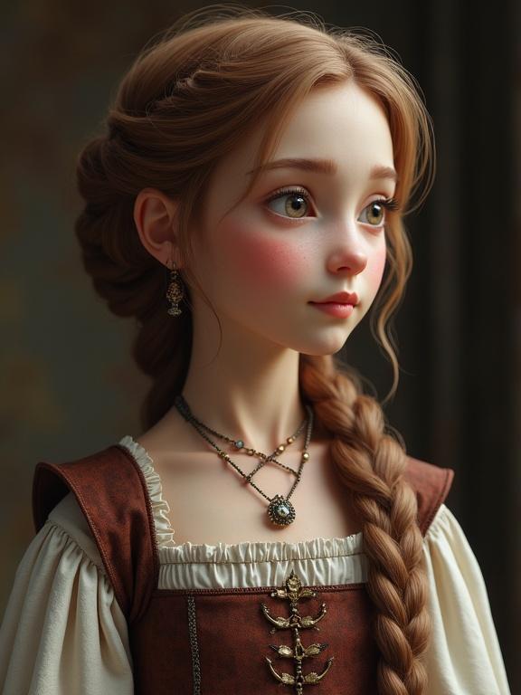 A 3D digital art image depicts a young medieval princess. Features a cox-shaped braid, modest dress, and a detailed collar reminiscent of the 13th century. The artwork focuses on facial expression and elegance.