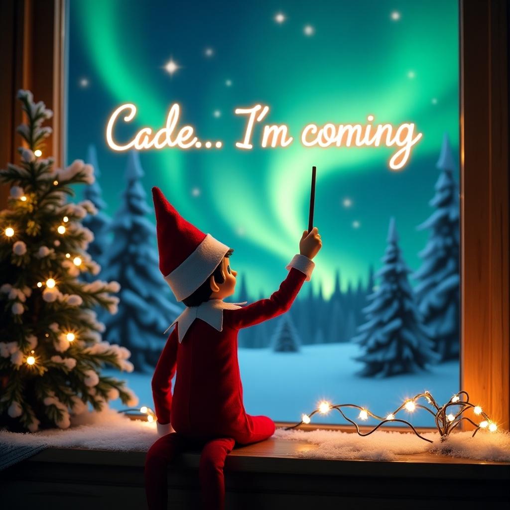 This enchanting Christmas scene features an elf on the shelf, positioned in a cozy setting with his back to the viewer. He is dressed in a traditional red and white outfit, holding a magic wand that he uses to write 'Cade... I'm coming' in a glowing script above him. The background is filled with vibrant northern lights, creating a magical atmosphere. The window sill is adorned with decorations and twinkling lights, enhancing the festive vibe. The elf's action evokes a sense of wonder, embodying the excitement and joy of the Christmas season.