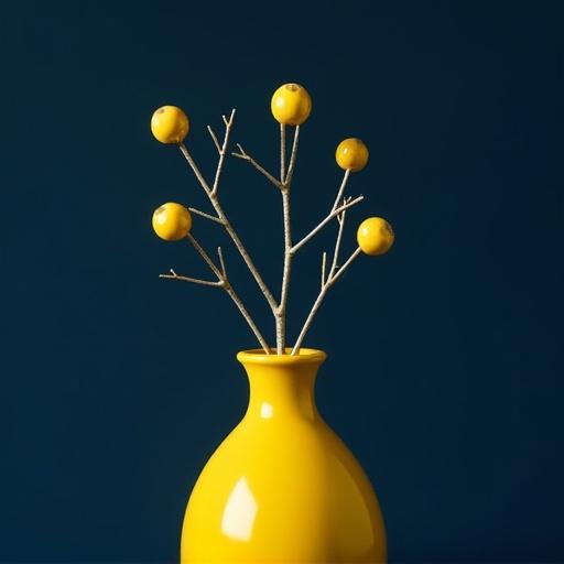 Photograph of a yellow vase with a branch and small yellow flowers. The vase is against a dark blue background. The branch resembles a tree shape. The flowers are small and delicate. The mood is peaceful and serene.