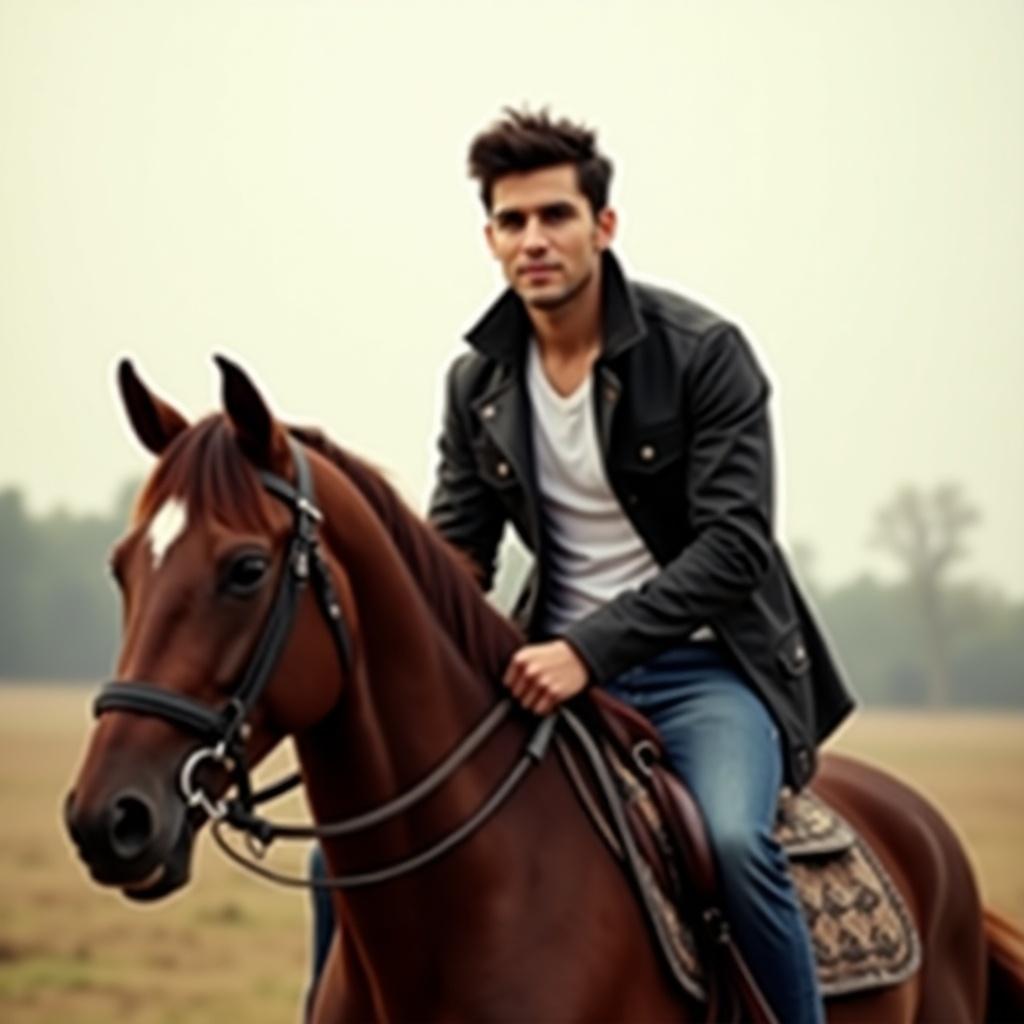 Young man rides a brown horse outdoors in a soft background. Man wears a stylish jacket and displays a confident expression.