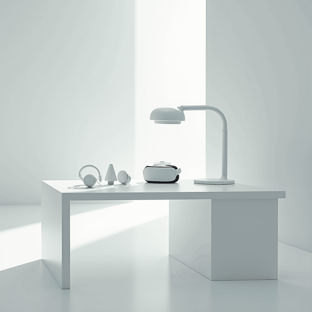 A modern, white desk with headphones, a geometric object, VR headset, and a lamp, set in a minimalist bright room.