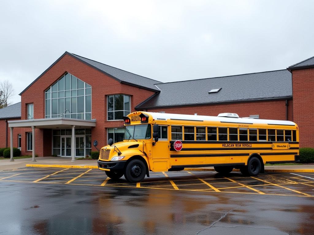 This image features a red brick school building with large glass windows and a peaked roof. In front of the school, there's a bright yellow school bus parked, ready to transport students either home or to drop them off. The scene is set on a cloudy day, with a wet pavement reflecting the building's structure. The school grounds are spacious, with clear lines for parking and a welcoming entrance. The atmosphere suggests a typical day in the school environment, filled with students and learning.