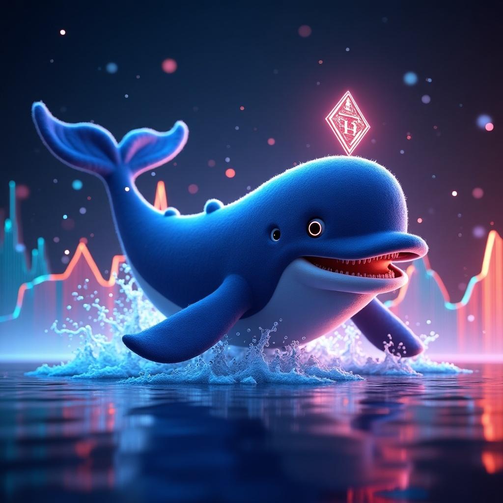 Animated whale character jumping out of water. Colorful financial graphs in background. Whale represents memecoin. Playful and engaging design with bright colors.