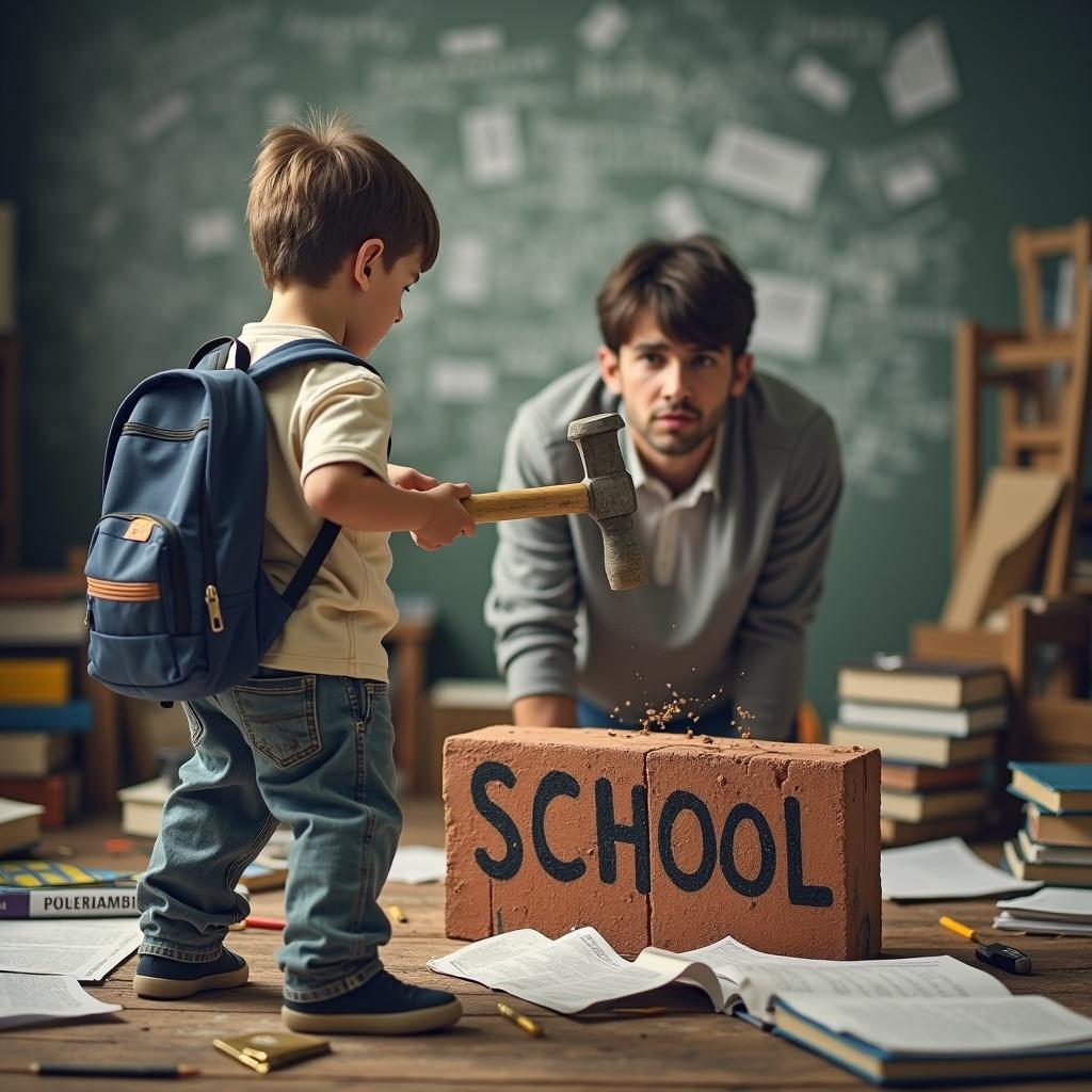 A thumbnail for a YouTube video featuring a boy striking a brick with a hammer. The brick has the word 'SCHOOL' written across it. The boy is wearing casual school attire and appears focused. The background is chaotic, filled with scattered English textbooks, papers, and school supplies, conveying disorder. An adult stands in the foreground, upset while hiding behind a Grammar book. The image reflects a humorous tone related to school stress.