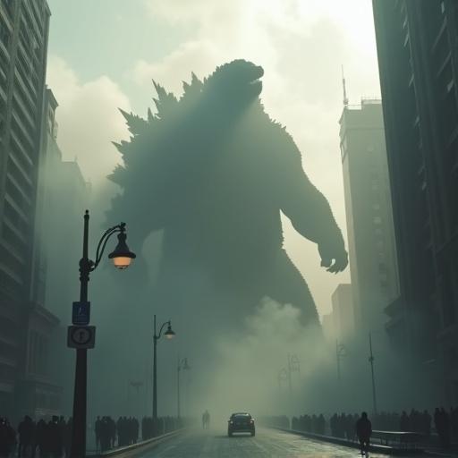Cinematic image featuring a massive Godzilla silhouette covered in fog on a city street. Tall buildings surround. People visible. Volumetric fog and sun rays create an atmospheric effect. Realistic textures and details with a grey filter applied.