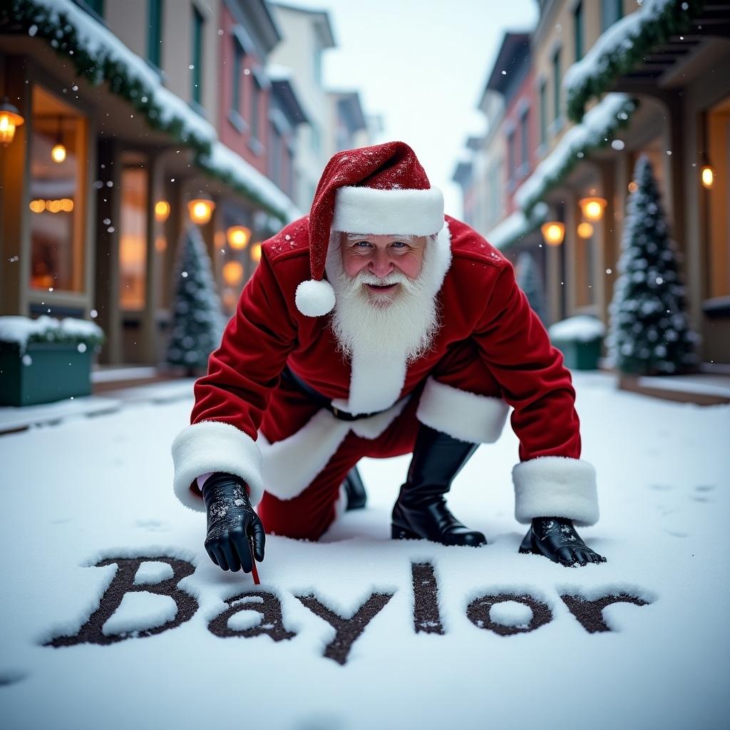 Santa Claus in red and white attire writes Baylor in snow. Kneeling on snowy street surrounded by buildings and Christmas trees. Winter light creates inviting ambiance. Cheerful holiday mood.