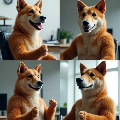 Four images depict a human in an office wearing a dog head. The character engages with gestures at different angles. The setting includes office elements like desks and plants.