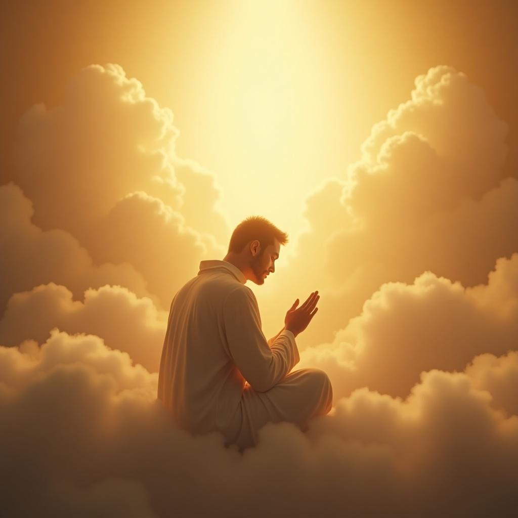 A serene figure sits in prayer. The figure is surrounded by soft glowing clouds. Warm divine light illuminates the scene. A peaceful and resolute atmosphere is present. The background is minimalistic and heavenly.