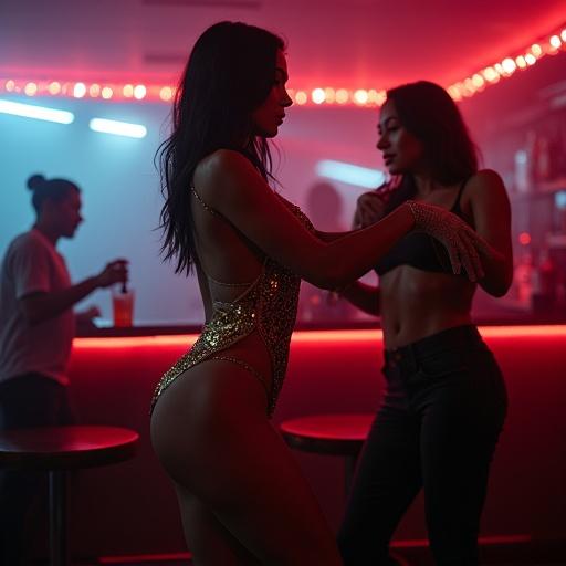 In a dim Bangkok nightclub a striking ladyboy in a sequined bodysuit sways to music. Rival performer watches from the crowd. Tension fills the air. Bartender pours a drink. Neon lights cast an atmosphere of rivalry and desire. The scene is blurred in the background, focusing on a power struggle between the performers.