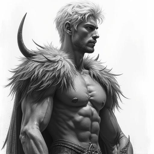 Dibujo de un joven con cuernos. Semi dios, mitad hombre y mitad bestia. Cabello platino y apariencia juvenil. Viste ropas de fantasía.