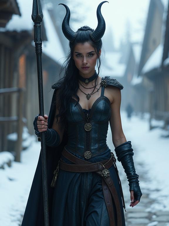 A beautiful devil woman stands in a snowy medieval village. She has long black hair arranged in a ponytail. She wears a sleeveless corset dress and traveling boots. A heavy black cape drapes over her back. Curled black horns emerge from her head. She carries a long lance wrapped in black cloth. The atmosphere is mystical and medieval.