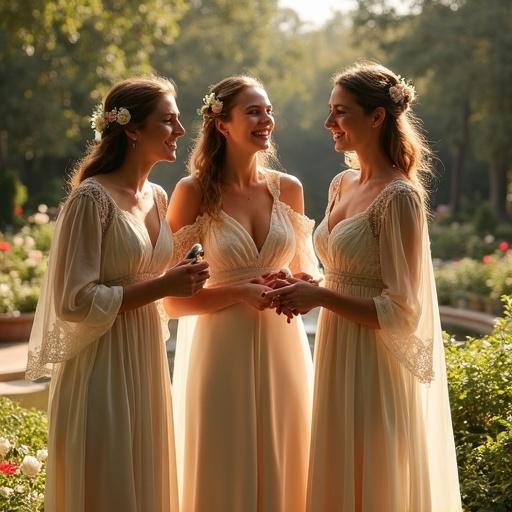 Scene in a medieval garden filled with flowers and fountains. Group of noblewomen engage joyfully. Their gowns made of silk and chiffon feature sheer panels. Hairstyles are loose with floral accents. Sunlight casts a golden glow emphasizing their elegance.