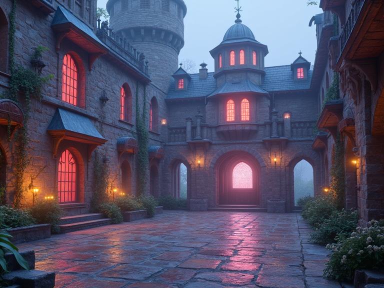 A fantasy castle courtyard with intricate architecture and glowing pink windows. Soft mist surrounds the scene creating a magical atmosphere. The courtyard has cobblestone flooring and ornate landscaping with lush greenery. Additional decorative elements include 3D alien holograms adding a futuristic twist to the enchanting environment.