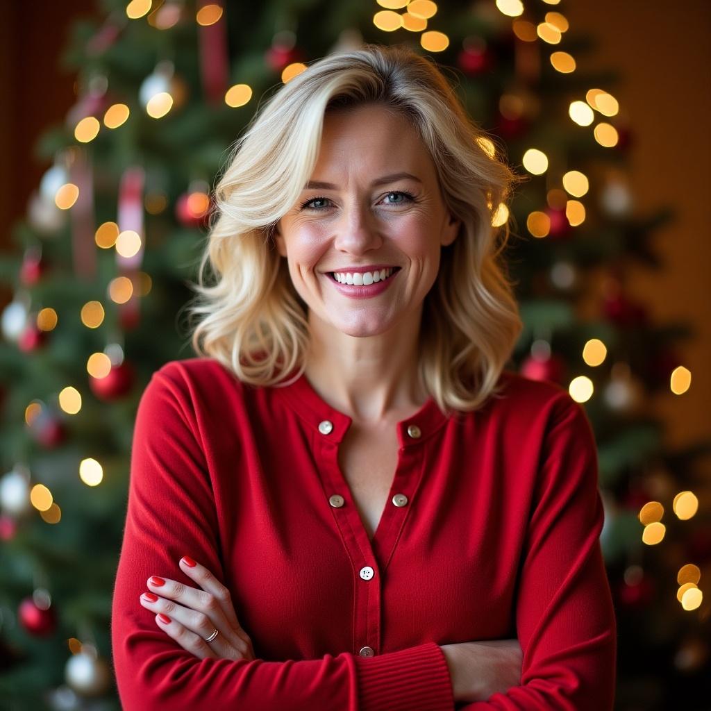 Portrait of a smiling woman in a red sweater in front of a decorated Christmas tree. Warm lighting creates a festive atmosphere. Woman is happy and welcoming.