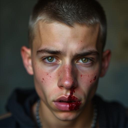 Closeup shot of a high school teenage boy. Bad student vibe. Emotionless face. Wound on lips and nose bleeding. Buzz cut hairstyle. Blood visible. Rebellious attitude.