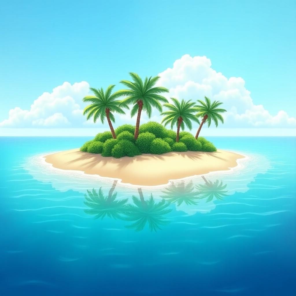 Small tropical island featuring palm trees surrounded by clear blue water. Bright sky overhead.