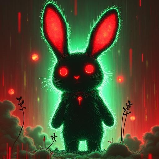 Bunny depicted in an alternative art style. Ectoplasm effects are present. Bright colors of green and red dominate the scene. Large ears and glowing eyes create an eerie yet cute atmosphere.