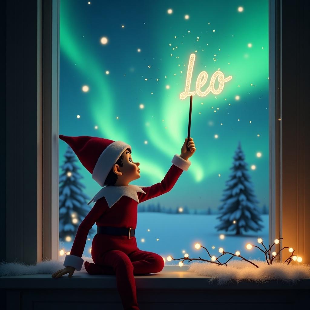 The image features an elf on the shelf sitting with his back to the viewer, gazing up at the sky. He holds a wand that glows, creating the name "Leo" in the night sky. The background showcases a cozy winter scene with the magical Northern Lights illuminating the sky. Soft snow blankets the ground, and silhouettes of pine trees are visible. The window is adorned with twinkling fairy lights, adding to the festive atmosphere.