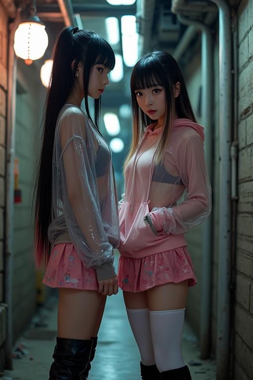 Attractive young Japanese women with long hair in a dark alley. One woman wears a see-through hoodie and pink mini-skirt. The other woman also attractive. Both stand facing each other.