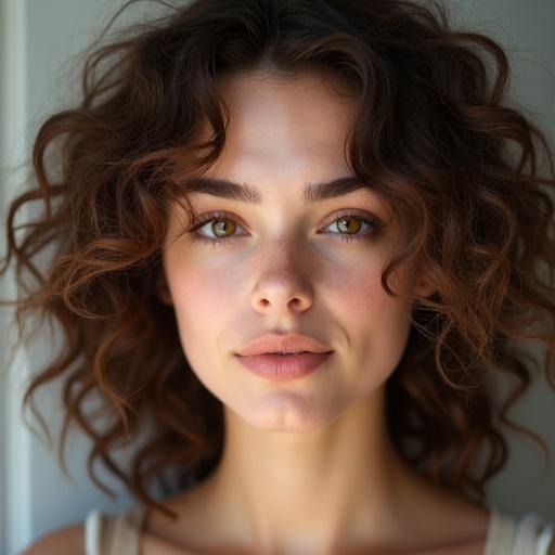 Full face portrait of a beautiful 21 year old Italian girl with curly hair. Displaying a delicate face and charming eyes. Wearing simple fashionable clothes. Appearing fresh and refined under soft side light.
