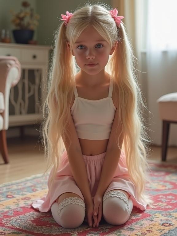 A child with long blonde twin tails and pink bows kneels on a colorful rug in a softly lit living room. The child wears a short crop top and pale pink skirt, along with thigh-high socks featuring lace detail and simple black shoes. The setting has a warm ambience with natural light coming through the window.