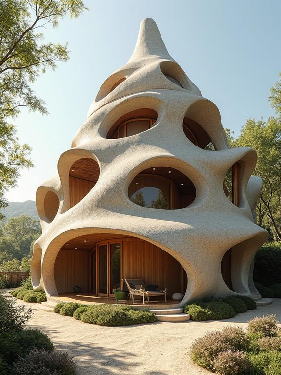 A unique condo house with playful, conical hat forms. Design features an outdoor interlock structure with a protruding bay window. Elements include Bamboo weaving and monumental vistas.