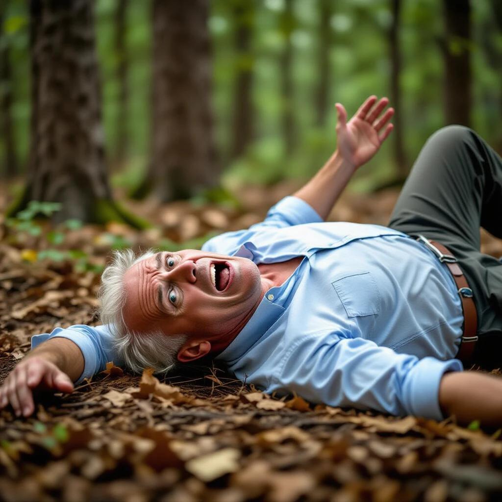 A man lays on the forest floor surrounded by leaves. He tilts his head up toward the camera. His expression is one of fear and he is screaming. Trees and foliage surround him, creating a serene background despite his distress.