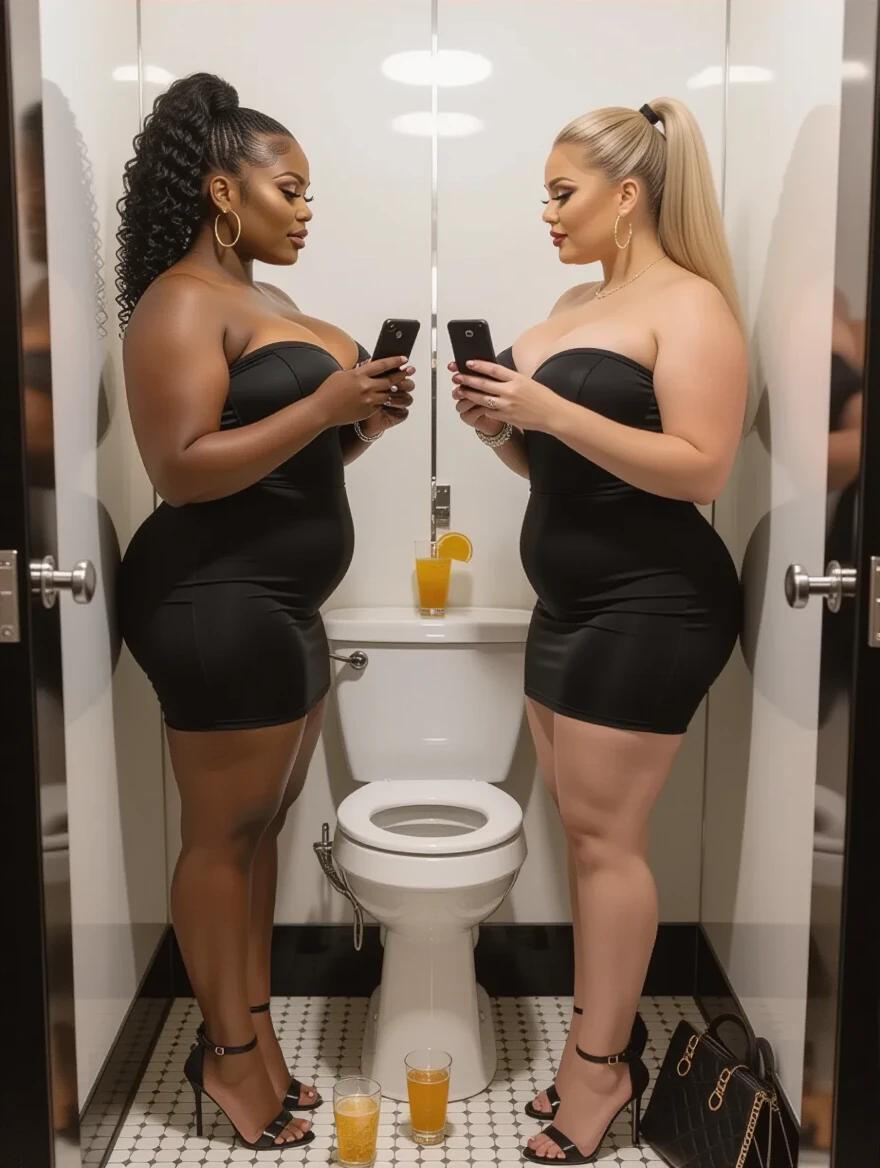 Two voluptuous and curvy women stand face to face. Both wear tight black strapless bandage dresses. One has curly black hair; the other has straight blonde hair. They hold their phones, highlighting a modern lifestyle. A narrow nightclub toilet provides the backdrop. Luxury bags and drinks are on the floor.