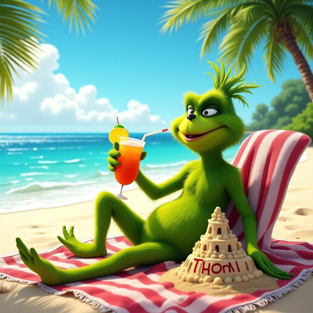 Grinch relaxing on a towel at a lovely beach. Grinch drinking a Pina Colada. Grinch has a sand castle with the name Thorn on it. It’s sunny.