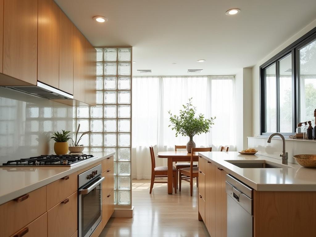 The image shows a modern kitchen with wooden cabinets and a bright, clean design. The kitchen features ample counter space and a stainless steel oven. A glass block wall partially separates the kitchen from the dining area, which is visible in the background. The dining area has a wooden table surrounded by chairs, with a decorative plant adding a touch of greenery. Soft lighting illuminates the space, creating a warm and inviting atmosphere.