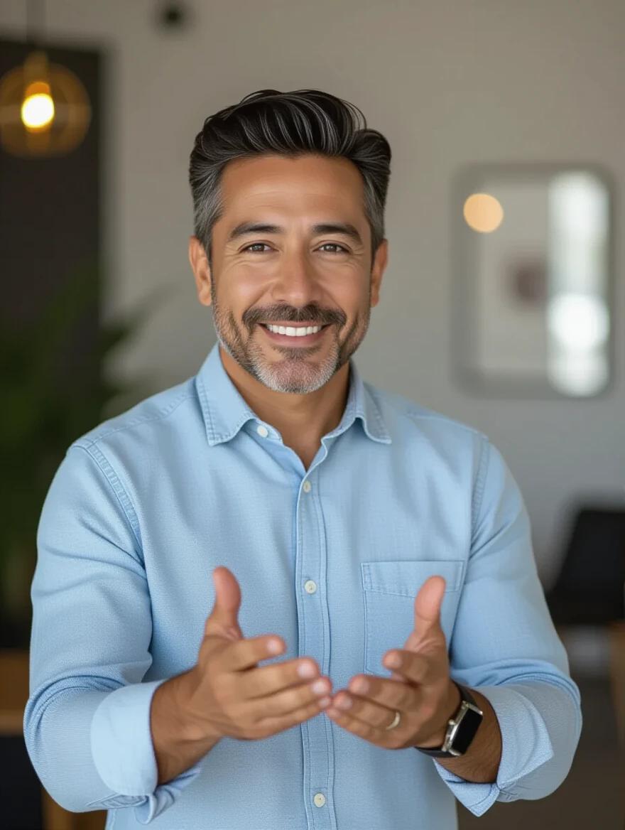 Half-length portrait of an adult man facing front. Man has expressive face and engaging smile. He is gesturing with hands. Dress is casual yet office appropriate. Background indicates a modern office setup.