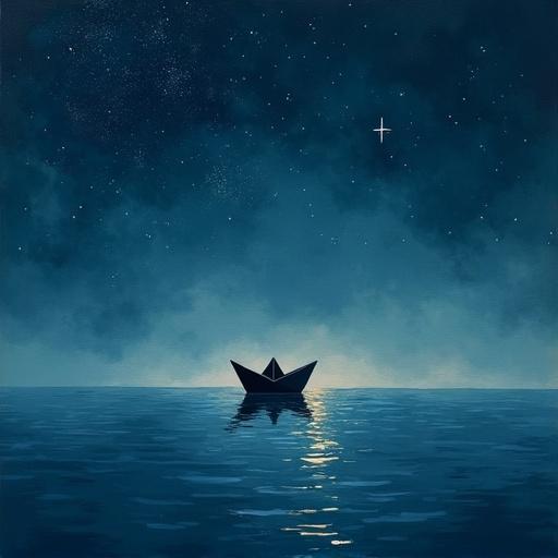 Small paper boat sails through a vast night sky ocean. Stars reflected in water. Dreamlike minimalist composition. Surrealistic painting with abstract forms and textured brushstrokes.