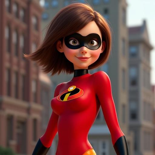 Elastigirl appears in a vibrant red superhero suit. She has dark hair and wears a black eye mask. The character exudes a confident pose, showcasing her strong personality.