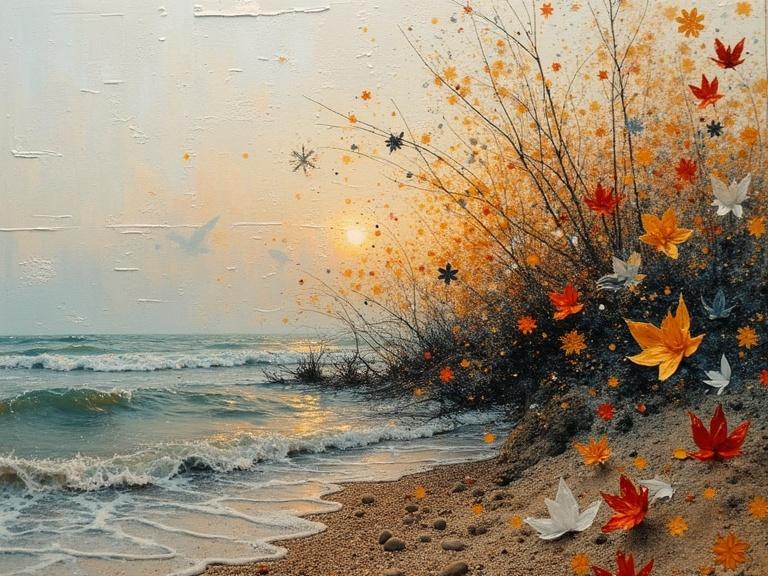Double exposure art featuring autumn leaves and a serene beach. Mixed media collage elements include newspaper, jute fibers, wood, sand, glittering confetti, and origami. Textured materials create depth with a warm sunset in the background. Luminous colors and stunning composition evoke a magical feeling.