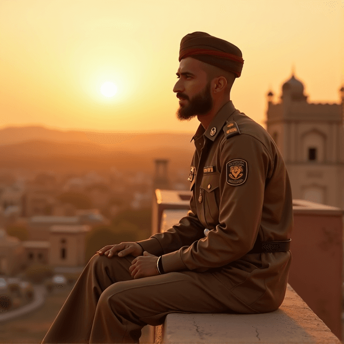 A man in uniform sits thoughtfully on a ledge, overlooking the city at sunset.