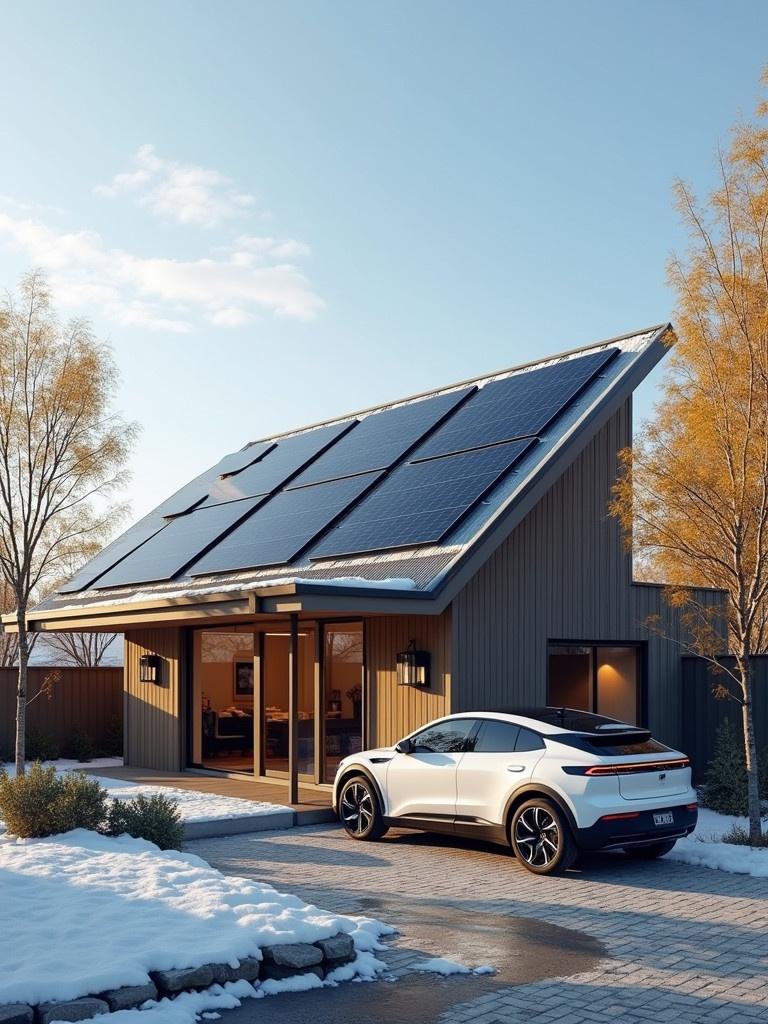 Luxury home with solar panels and electric vehicle charger during winter month of January. Shows solar panels on the roof and an EV charger near the driveway.