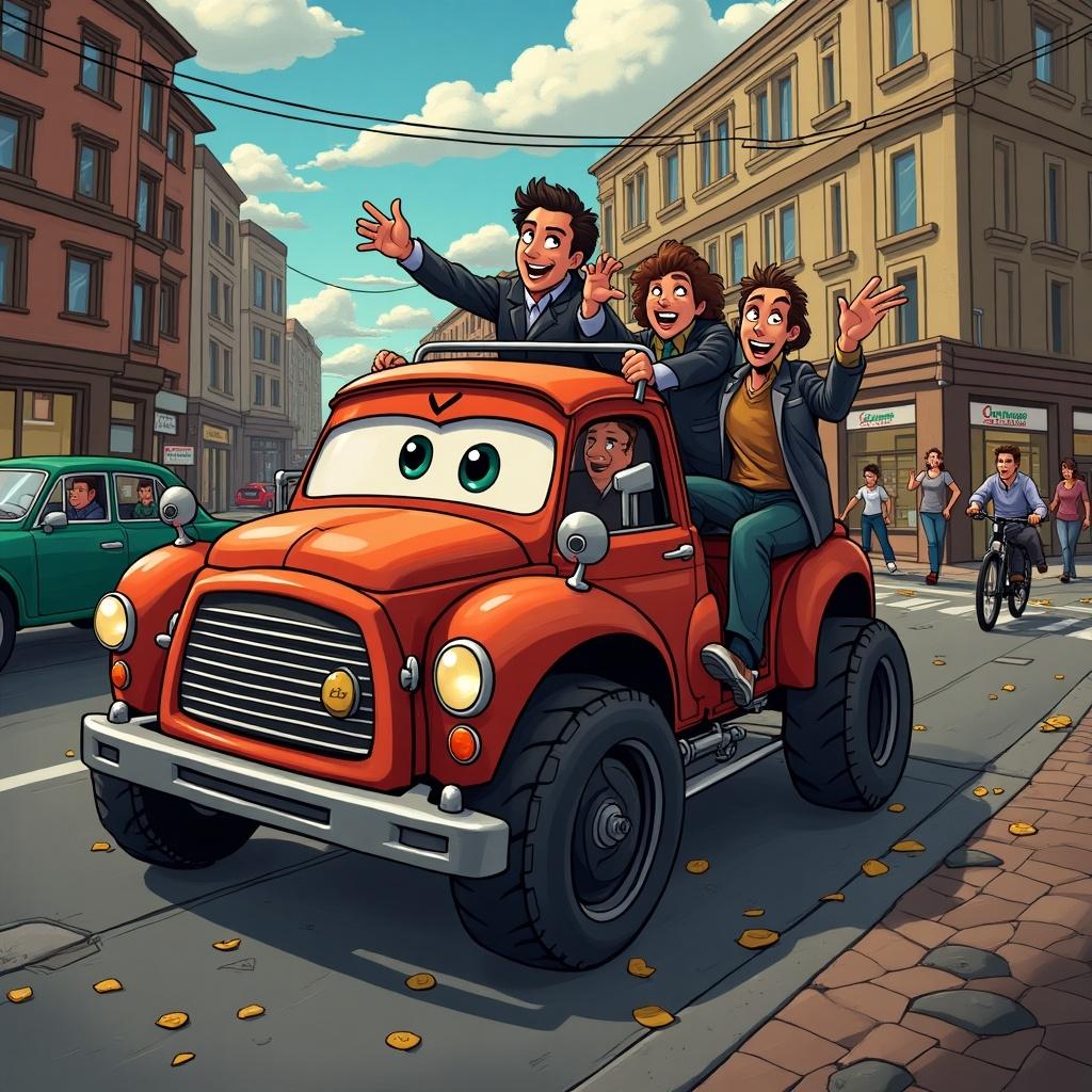 A colorful animated scene depicting friends having a great time riding on a cartoonish orange truck. The truck has a friendly face and oversized wheels, symbolizing adventure. The characters are laughing and waving, enjoying their ride through a lively city street. Surrounding them are vintage cars, charming buildings, and scattered autumn leaves, creating a vibrant urban backdrop. The sky is clear, giving a bright and cheerful atmosphere to the illustration.