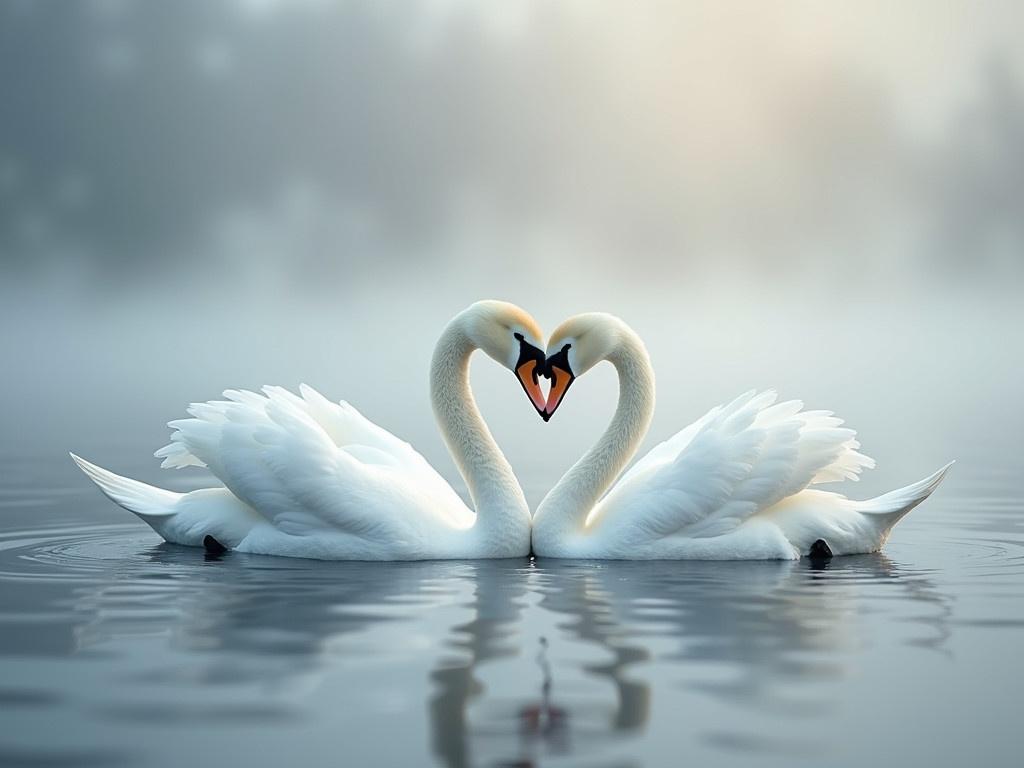 Two elegant swans gracefully bend their necks towards each other, forming a heart shape atop a serene, misty water surface. The soft hue of the water reflects their pure white feathers, creating a beautiful contrast. The ambiance is tranquil, with a gentle mist floating above the water. The scene captures the essence of love and harmony between the swans. Their beaks touch tenderly, signifying a deep connection. This romantic moment is framed by a peaceful and dreamy atmosphere.