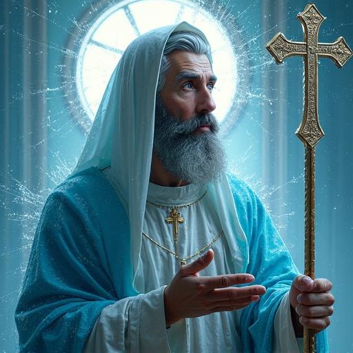 Saint Basil depicted with a light blue filter and a shattered mirror effect. The figure appears ethereal and statuesque. A cross is held in one hand.