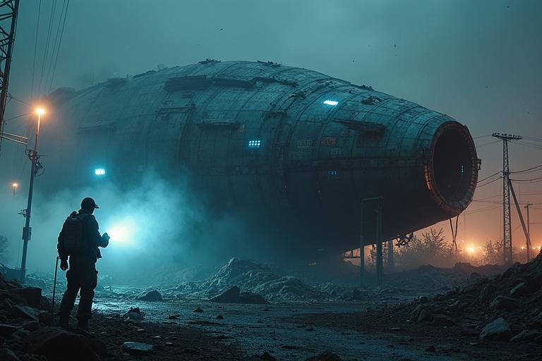 Ultra-realistic night scene featuring a destroyed alien spacecraft on a cracked battlefield. Massive wreckage shows rusted material with glowing blue strips. Army soldier in dusty uniform holds flashlight, examining debris carefully. Environment is silent and devastated with smoke and ash. Volumetric lighting enhances mystery and tension. Camera view shows the soldier and wreck size.