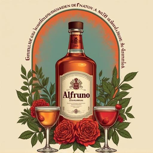 Stylized advertisement with a vintage aesthetic. Circular illustration of a copper distillation apparatus at the top center. Background features teal and orange gradients. Text 'Genuss aus dem Garten der Natur - wild und besonders' in bold maroon serif font to the right. Center foreground shows apothecary bottle of 'Alfruno' with classic label design. Flanked by two cocktail glasses with amber liquid. Surrounded by illustrations of roses and green foliage. Warm tones of orange, green, and maroon create inviting visual appeal.