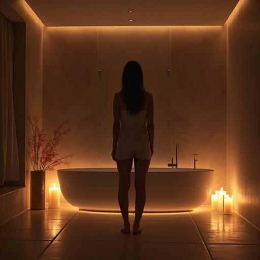Full body image of a woman standing in large spa bathroom. Softly lit setting with candles. Beautiful modern bathroom design. Spa-like feel.