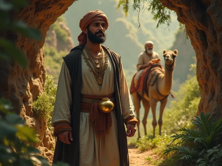 Arab man with a camel stands in cave. He is clever and brave. Elegant rags and a turban. Old man is in background. Forest setting with green plants. Golden jar as a treasure.